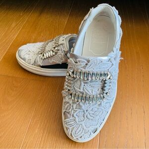 Roger Vivier Sneaky Viv Macramé Crystal Buckle Slip-On Sneakers EU 35 US 5 White